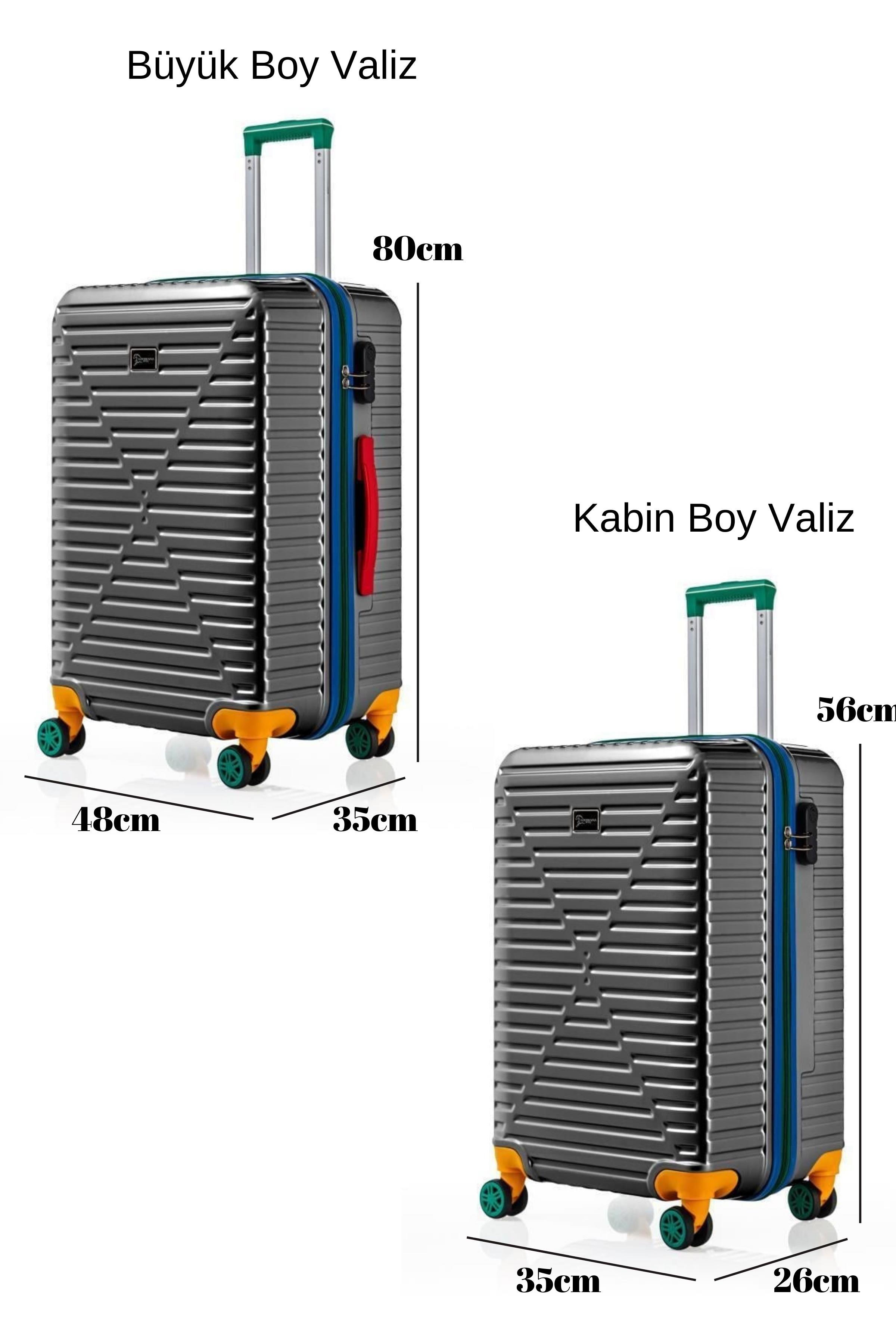 Büyük Ve Kabin Boy 2'li Valiz Seti %100 Polikarbon Valiz 4x2 Teker Antrasit 1088