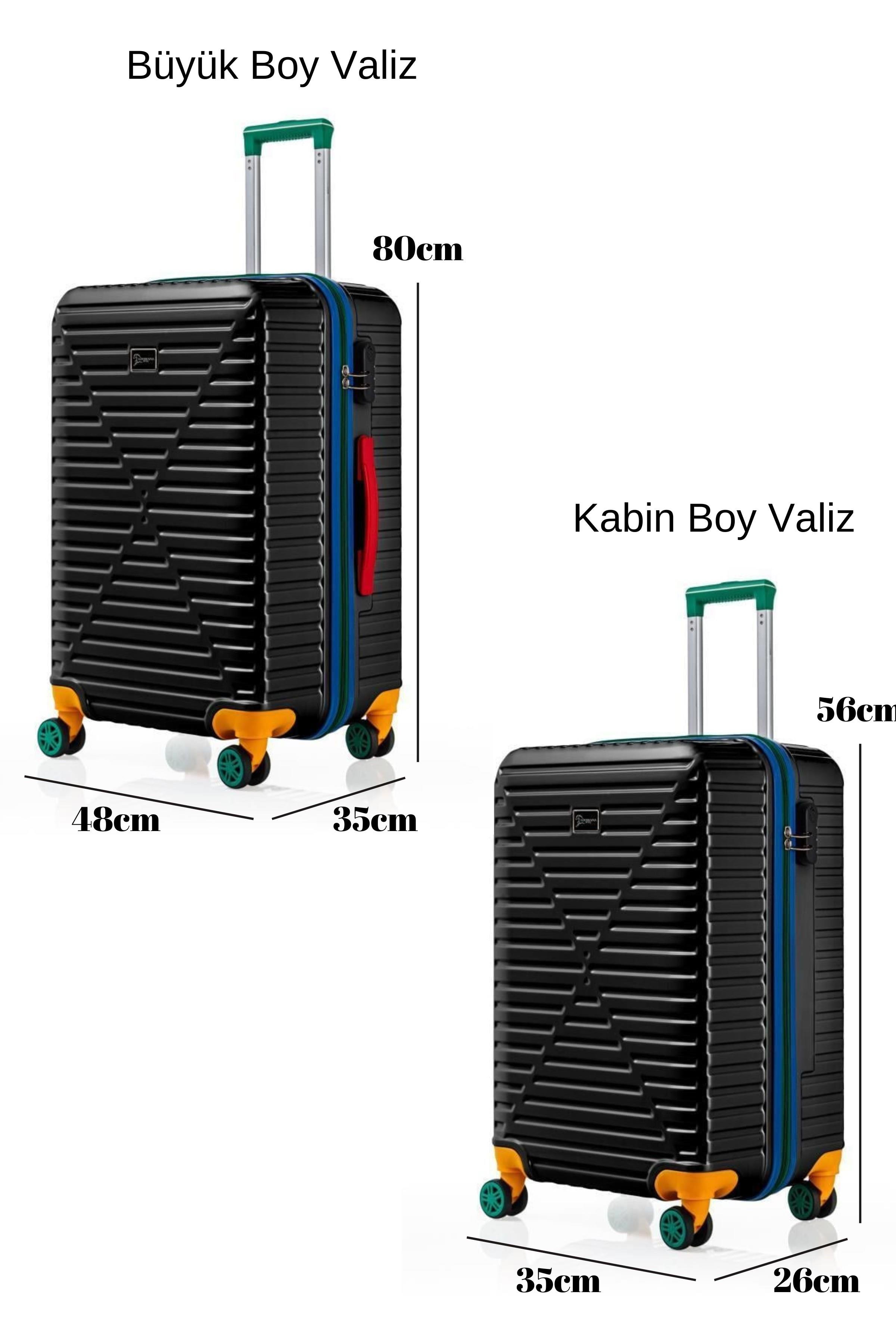 Büyük Ve Kabin Boy 2'li Valiz Seti %100 Polikarbon Valiz 4x2 Teker Siyah 1088