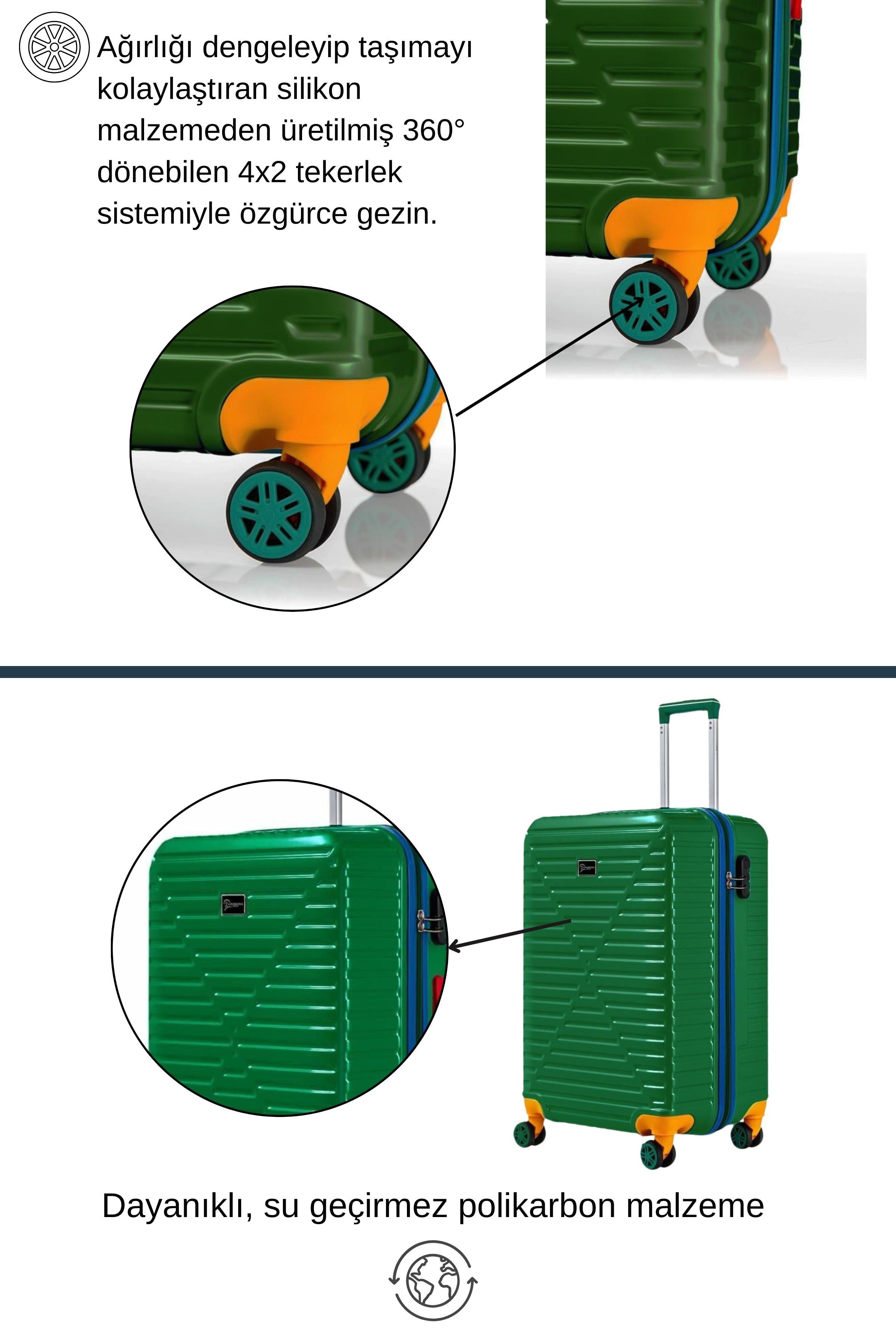 Büyük Ve Kabin Boy 2'li Valiz Seti %100 Polikarbon Valiz 4x2 Teker Yeşil 1088