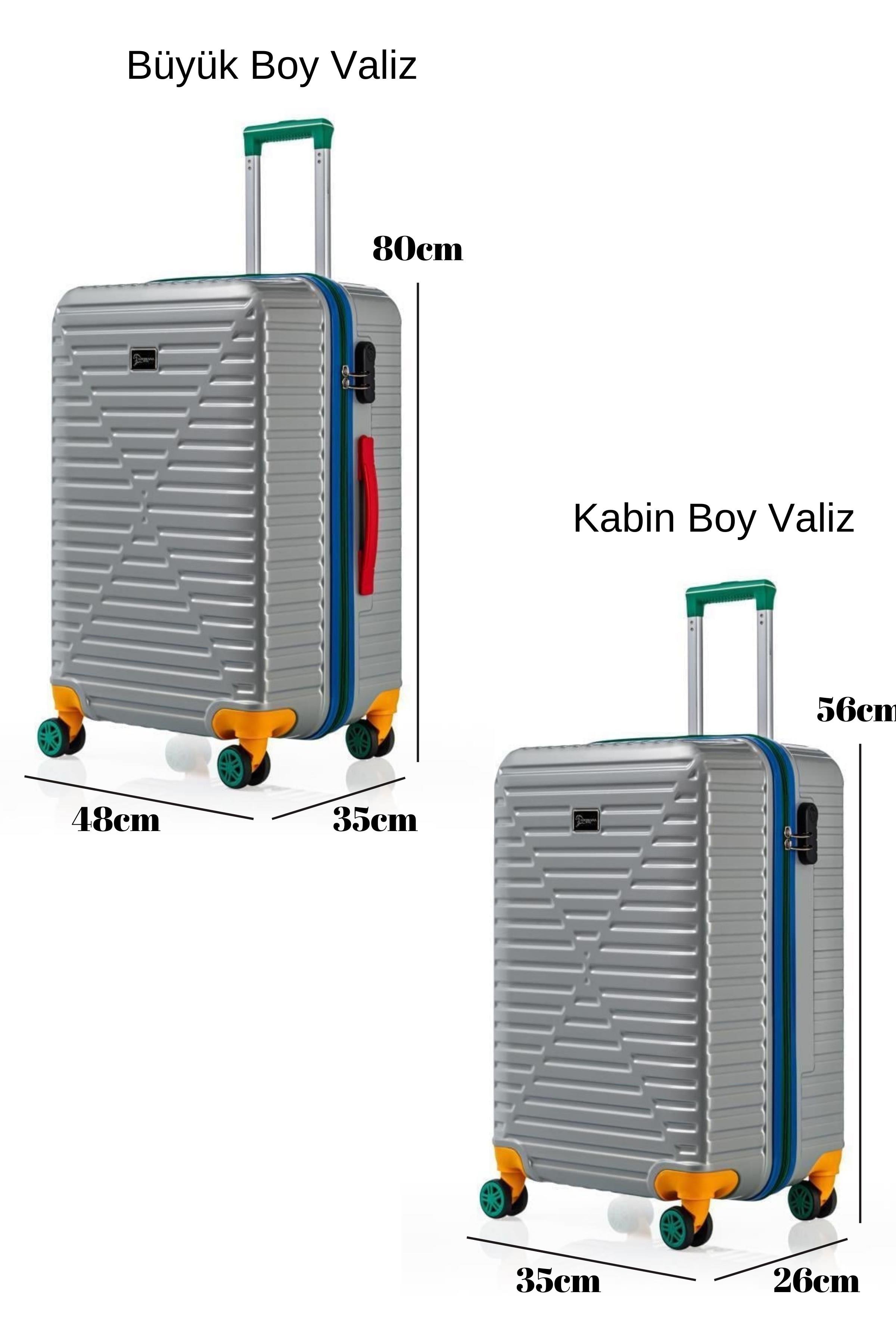 Büyük Ve Kabin Boy 2'li Valiz Seti %100 Polikarbon Valiz 4x2 Teker Gri 1088
