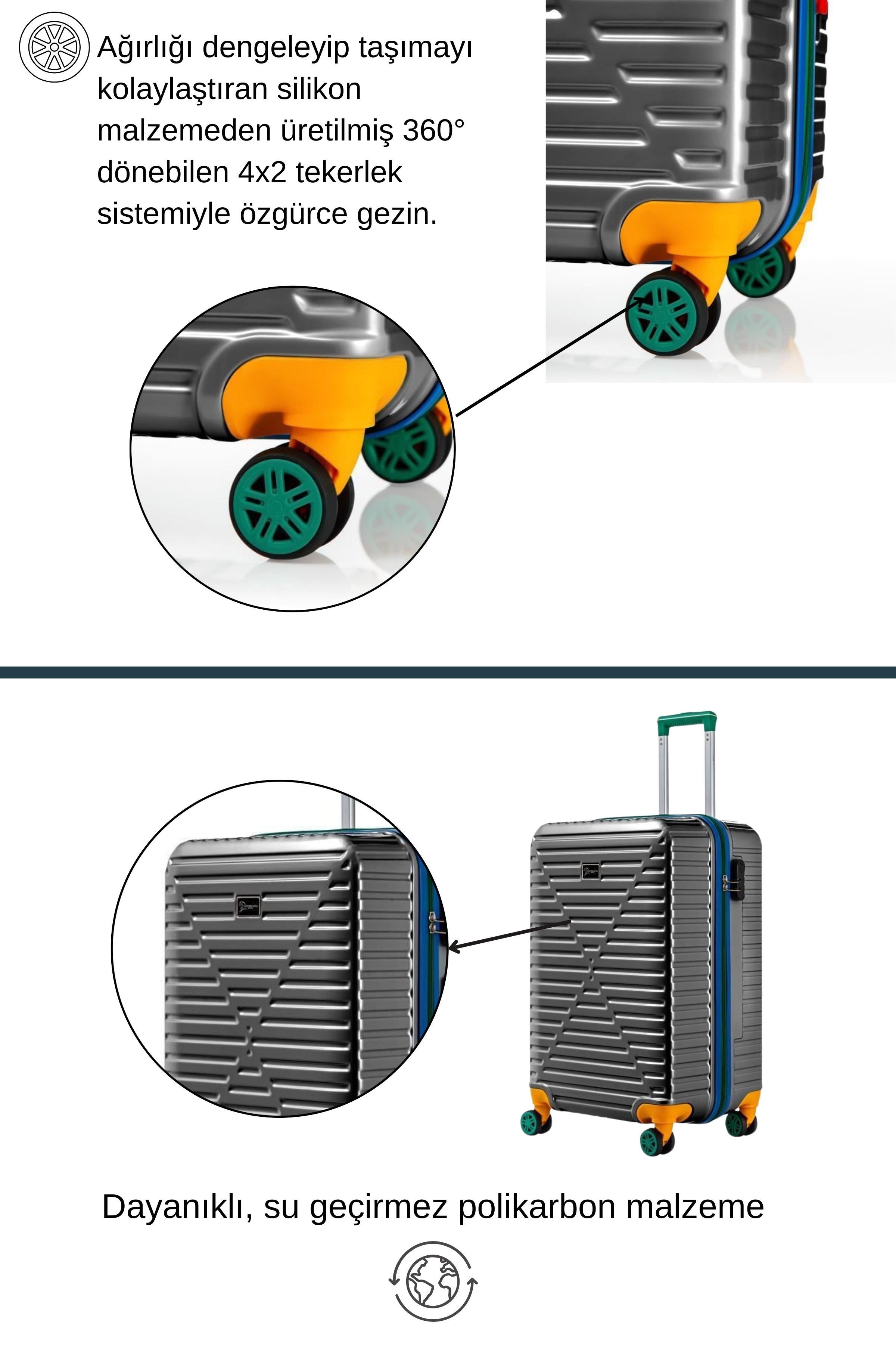 Büyük Ve Kabin Boy 2'li Valiz Seti %100 Polikarbon Valiz 4x2 Teker Antrasit 1088