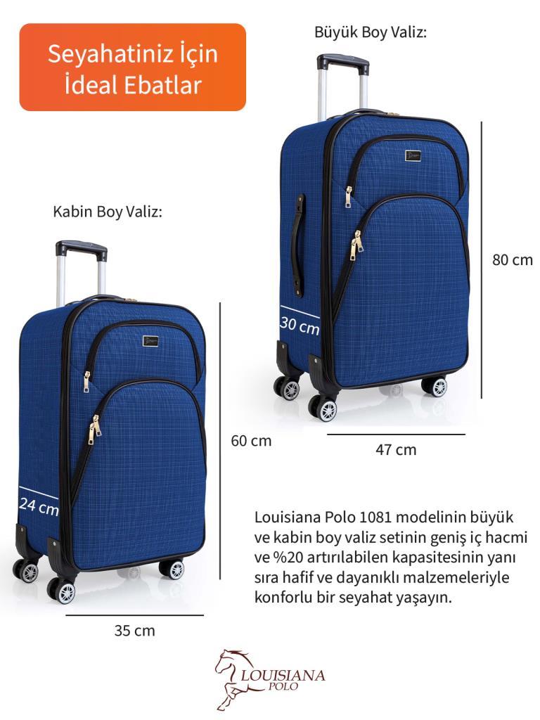 Büyük ve Kabin Boy Valiz Seti 4 Teker Kumaş Valiz Saks Mavi 1081