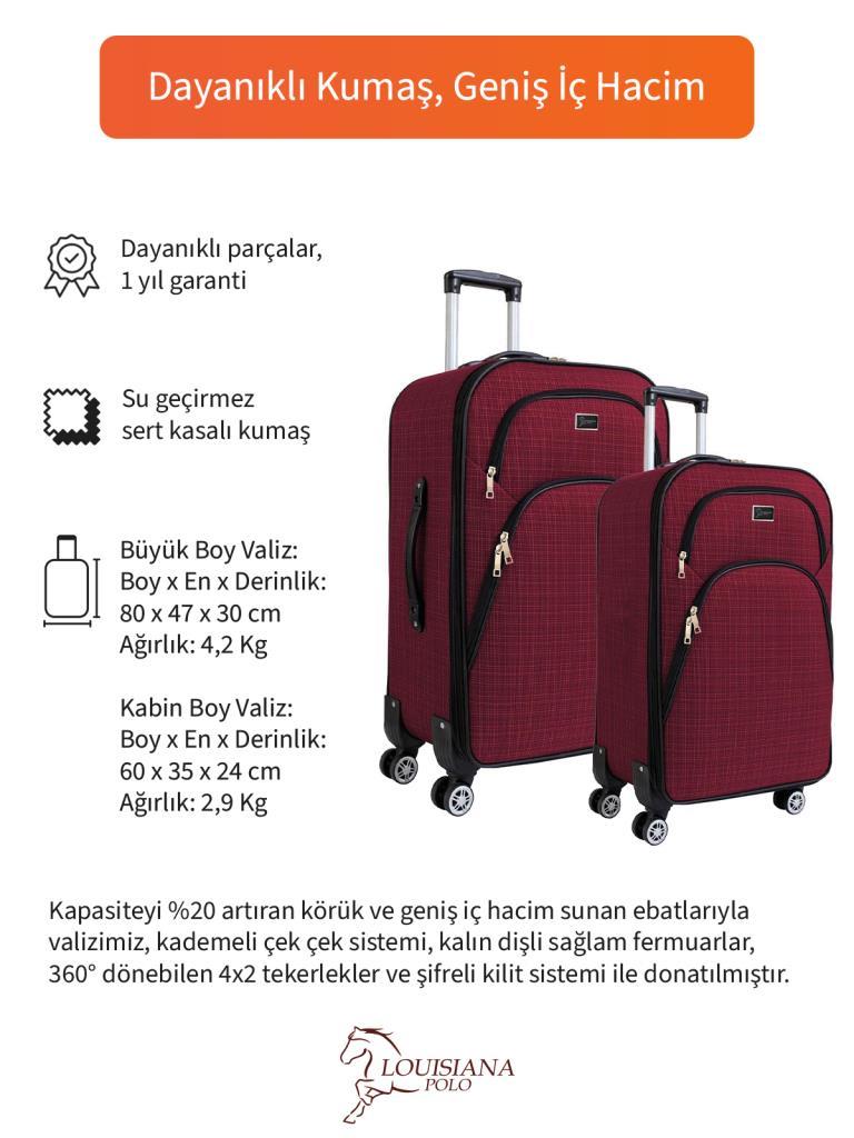 Büyük ve Kabin Boy Valiz Seti 4 Teker Kumaş Valiz Bordo 1081