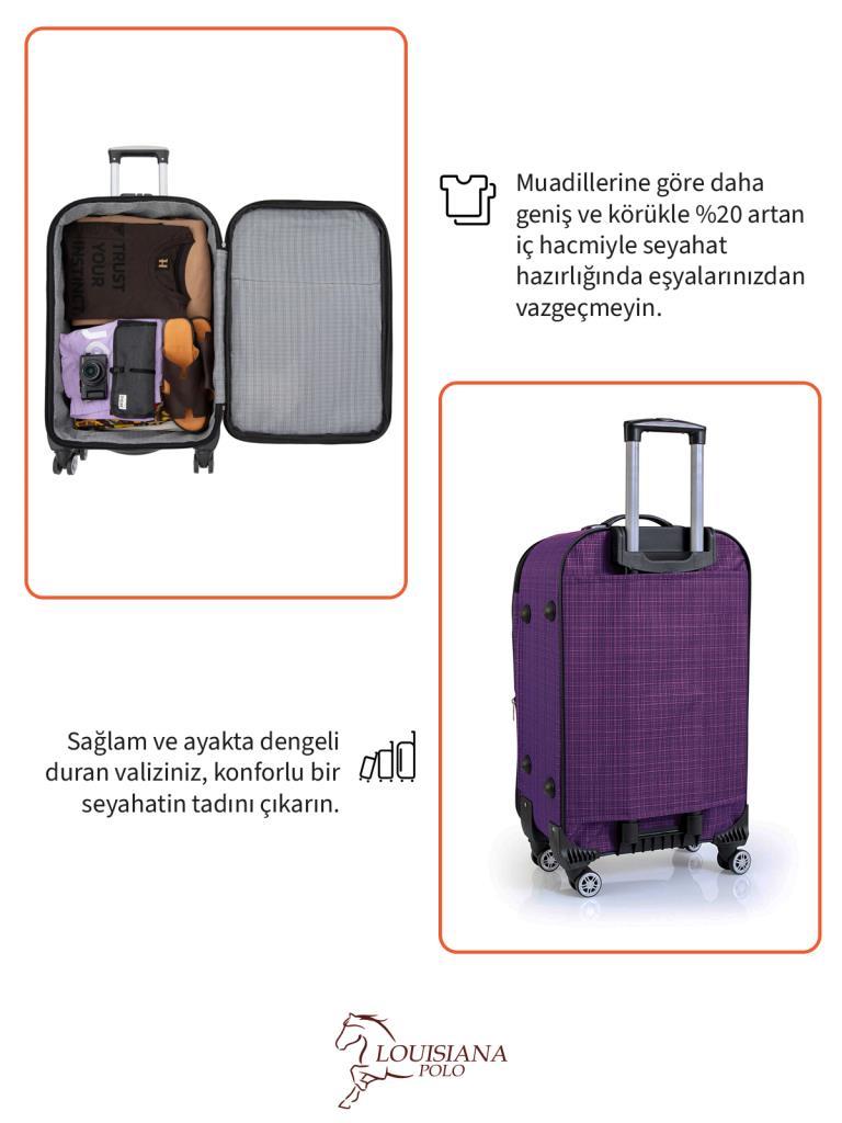 Büyük ve Kabin Boy Valiz Seti 4 Teker Kumaş Valiz Mor 1081