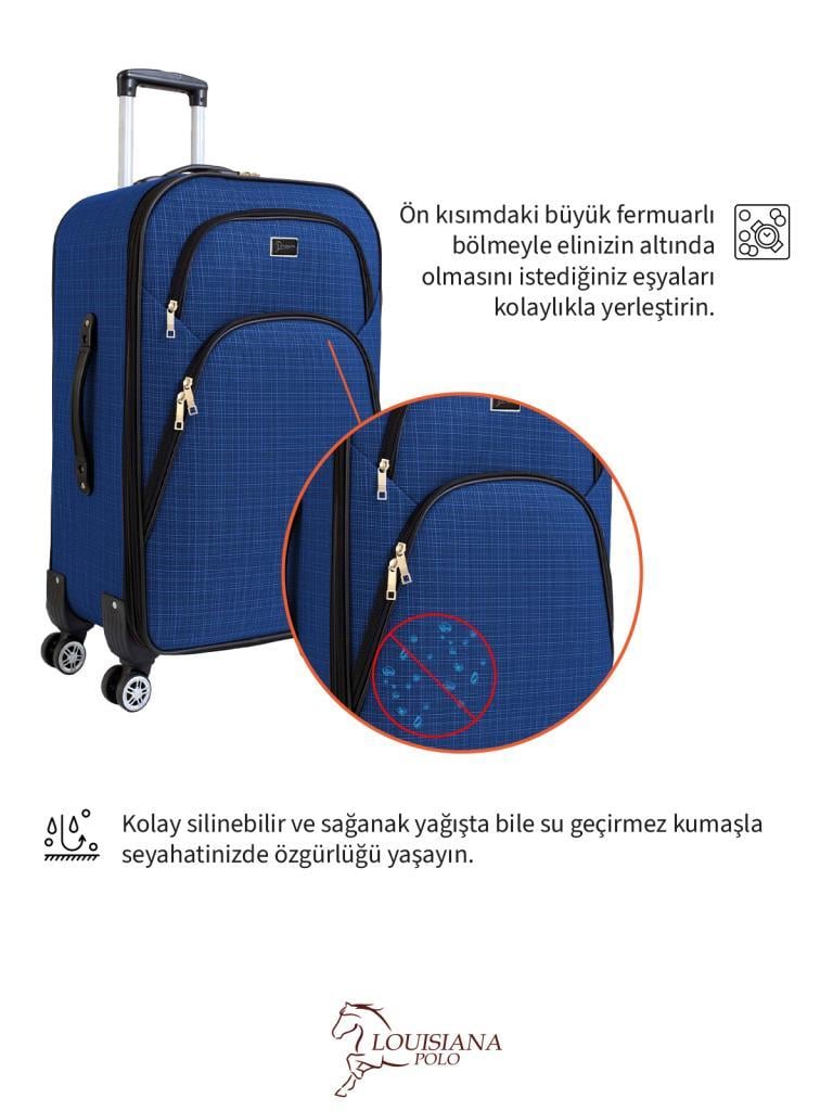 Büyük ve Kabin Boy Valiz Seti 4 Teker Kumaş Valiz Saks Mavi 1081