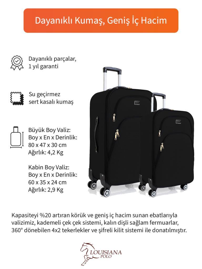 Büyük ve Kabin Boy Valiz Seti 4 Teker Kumaş Valiz Siyah 1081
