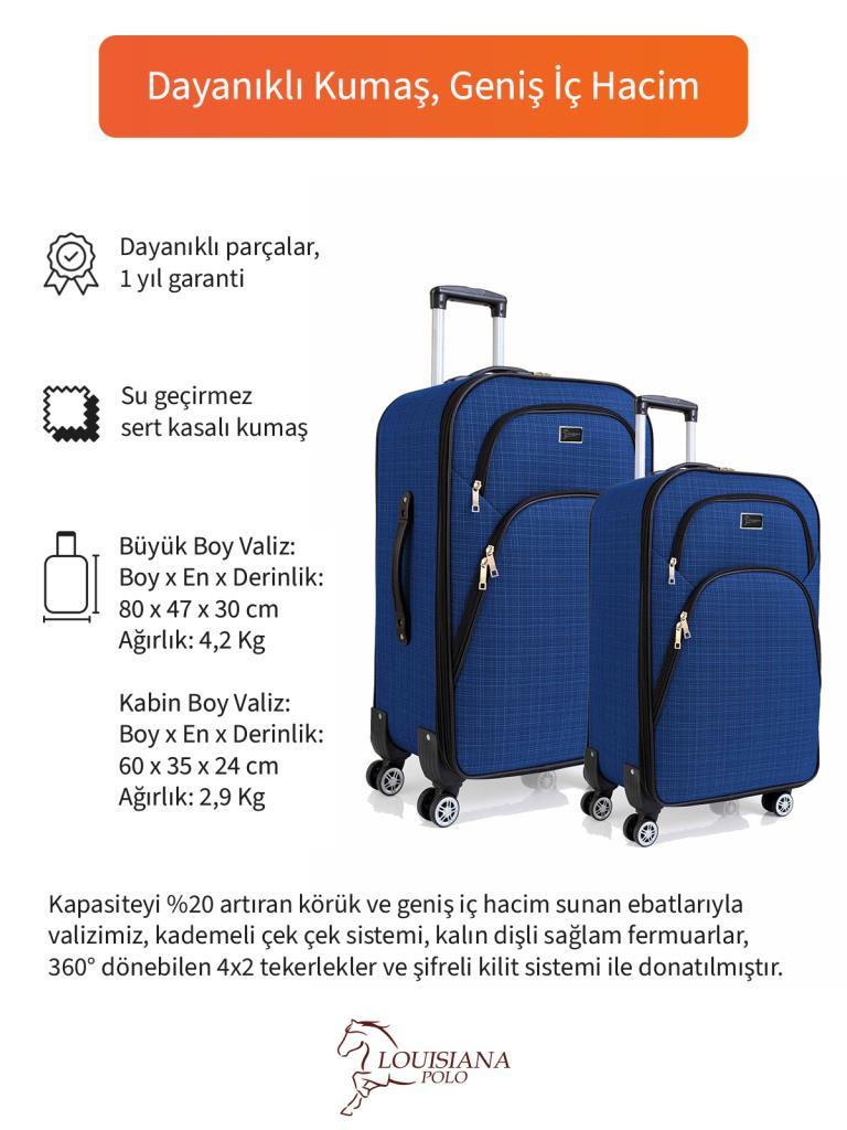 Büyük ve Kabin Boy Valiz Seti 4 Teker Kumaş Valiz Saks Mavi 1081