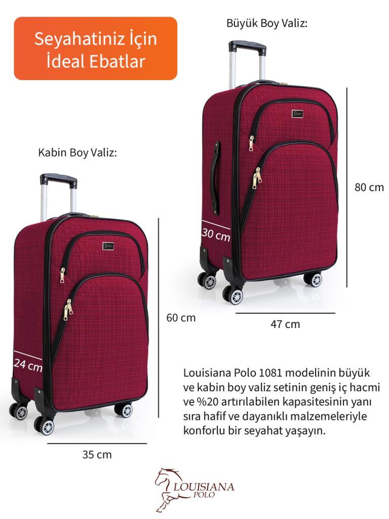 Büyük ve Kabin Boy Valiz Seti 4 Teker Kumaş Valiz Bordo 1081