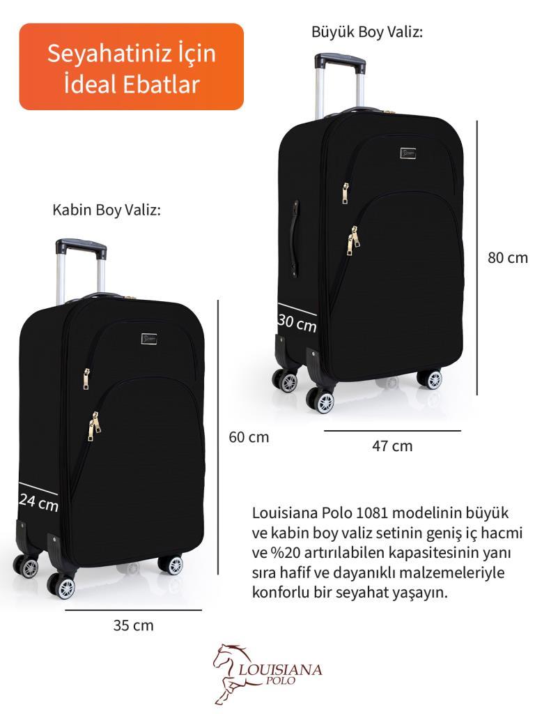 Büyük ve Kabin Boy Valiz Seti 4 Teker Kumaş Valiz Siyah 1081