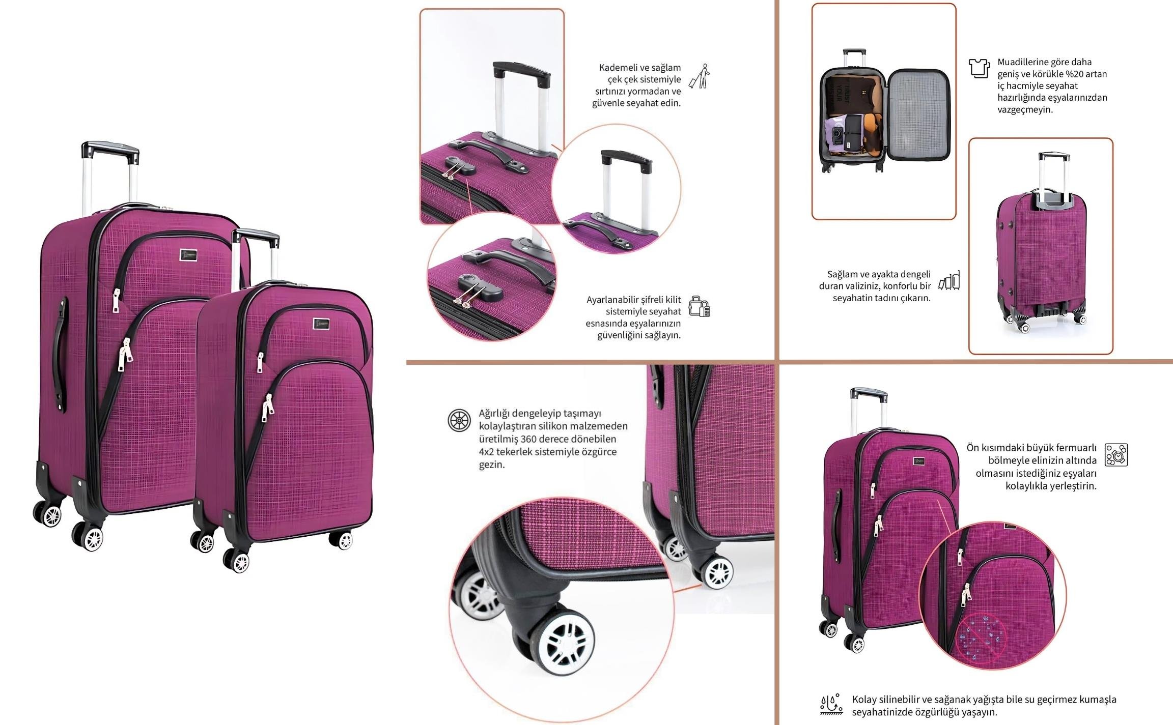 Büyük ve Kabin Boy Valiz Seti 4 Teker Kumaş Valiz Pembe 1081