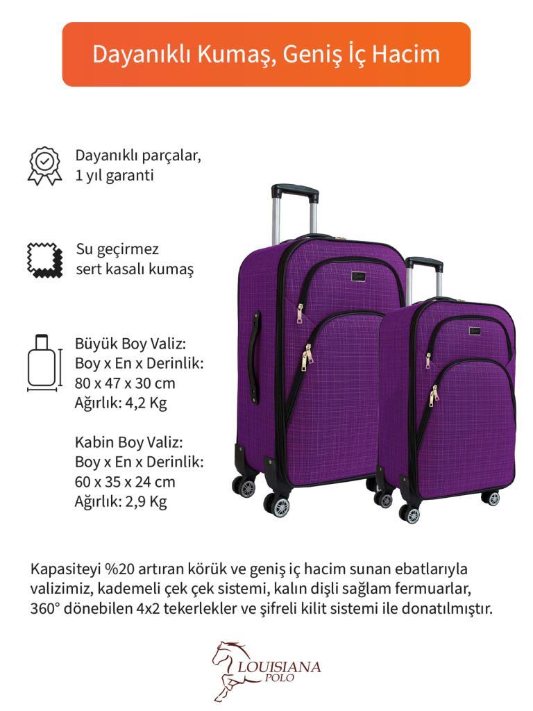 Büyük ve Kabin Boy Valiz Seti 4 Teker Kumaş Valiz Mor 1081