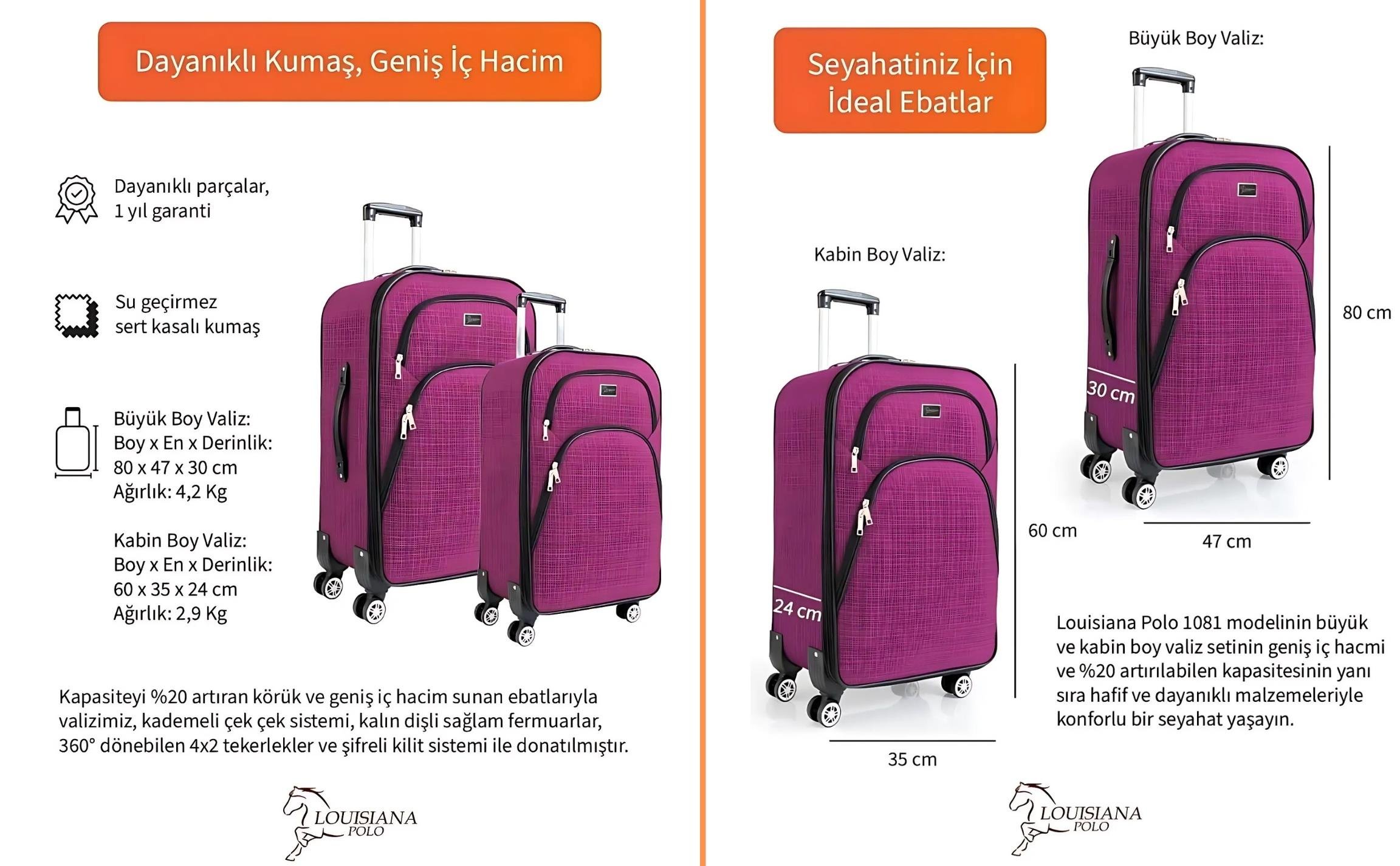 Büyük ve Kabin Boy Valiz Seti 4 Teker Kumaş Valiz Pembe 1081