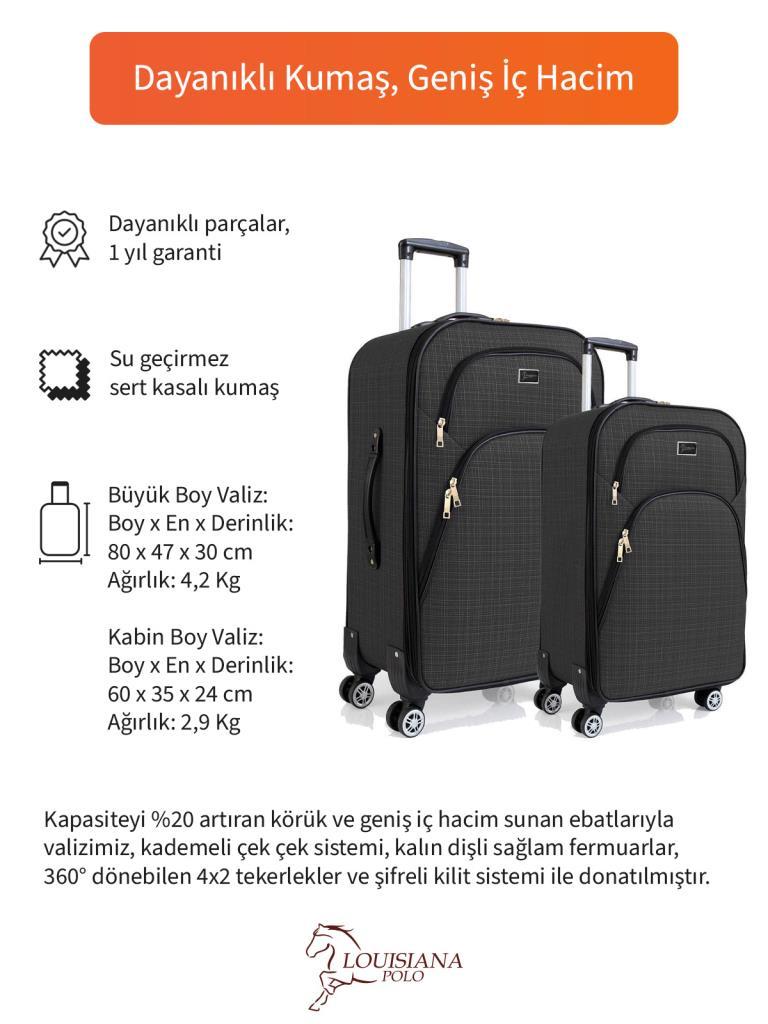 Büyük ve Kabin Boy Valiz Seti 4 Teker Kumaş Valiz Antrasit 1081