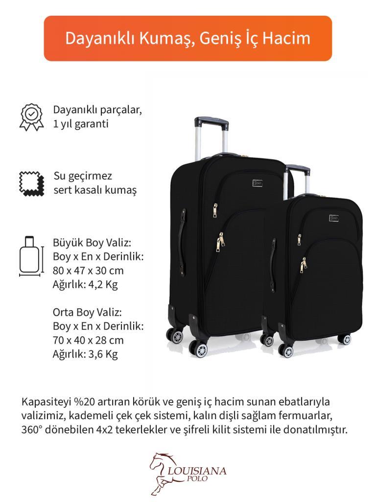 Büyük ve Orta Boy Valiz Seti 4 Teker Kumaş Valiz Siyah 1081