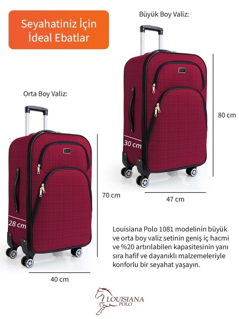 Büyük ve Orta Boy Valiz Seti 4 Teker Kumaş Valiz Bordo 1081