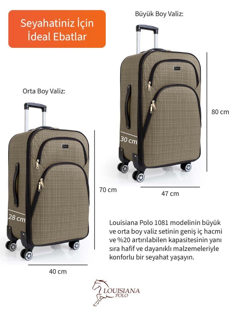 Büyük ve Orta Boy Valiz Seti 4 Teker Kumaş Valiz Bej 1081