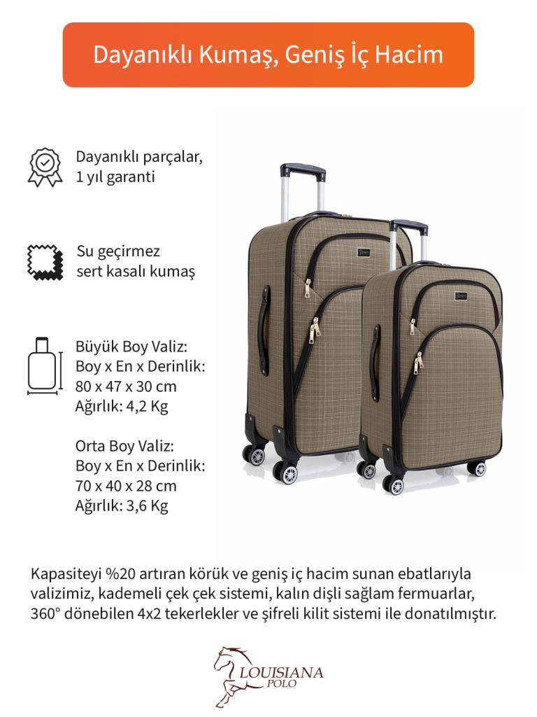 Büyük ve Orta Boy Valiz Seti 4 Teker Kumaş Valiz Bej 1081