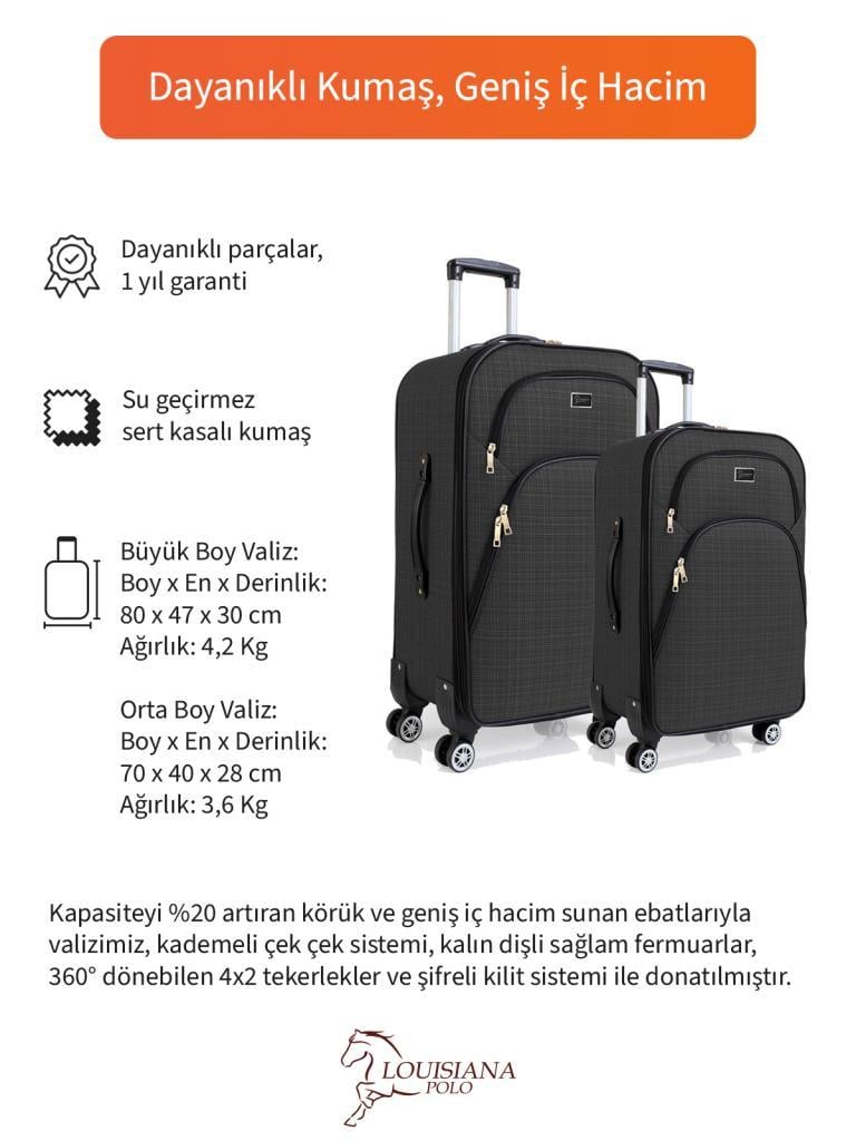 Büyük ve Orta Boy Valiz Seti 4 Teker Kumaş Valiz Antrasit 1081