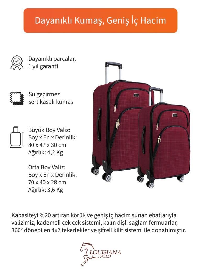 Büyük ve Orta Boy Valiz Seti 4 Teker Kumaş Valiz Bordo 1081