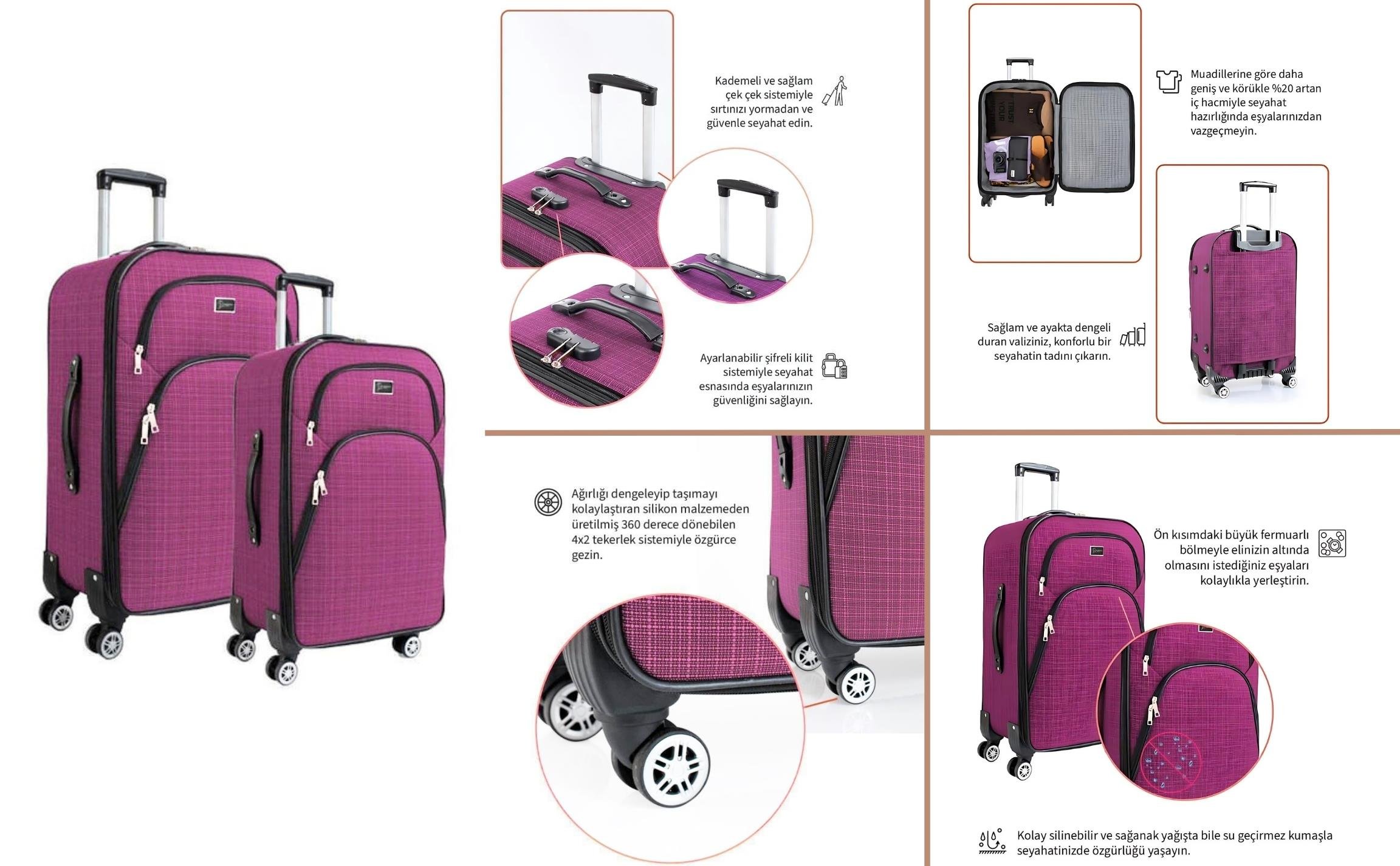 Büyük ve Orta Boy Valiz Seti 4 Teker Kumaş Valiz Pembe 1081