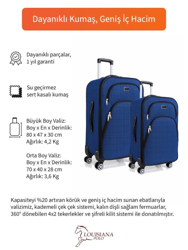 Büyük ve Orta Boy Valiz Seti 4 Teker Kumaş Valiz Saks Mavi 1081