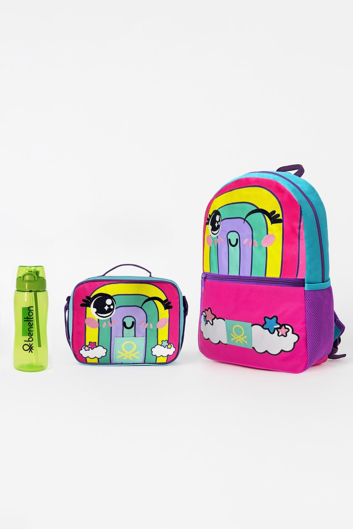 Gökkuşağı Desenli Okul Çantası Seti(Sırt Çantası,Beslenme Çantası,Tritan Matara)