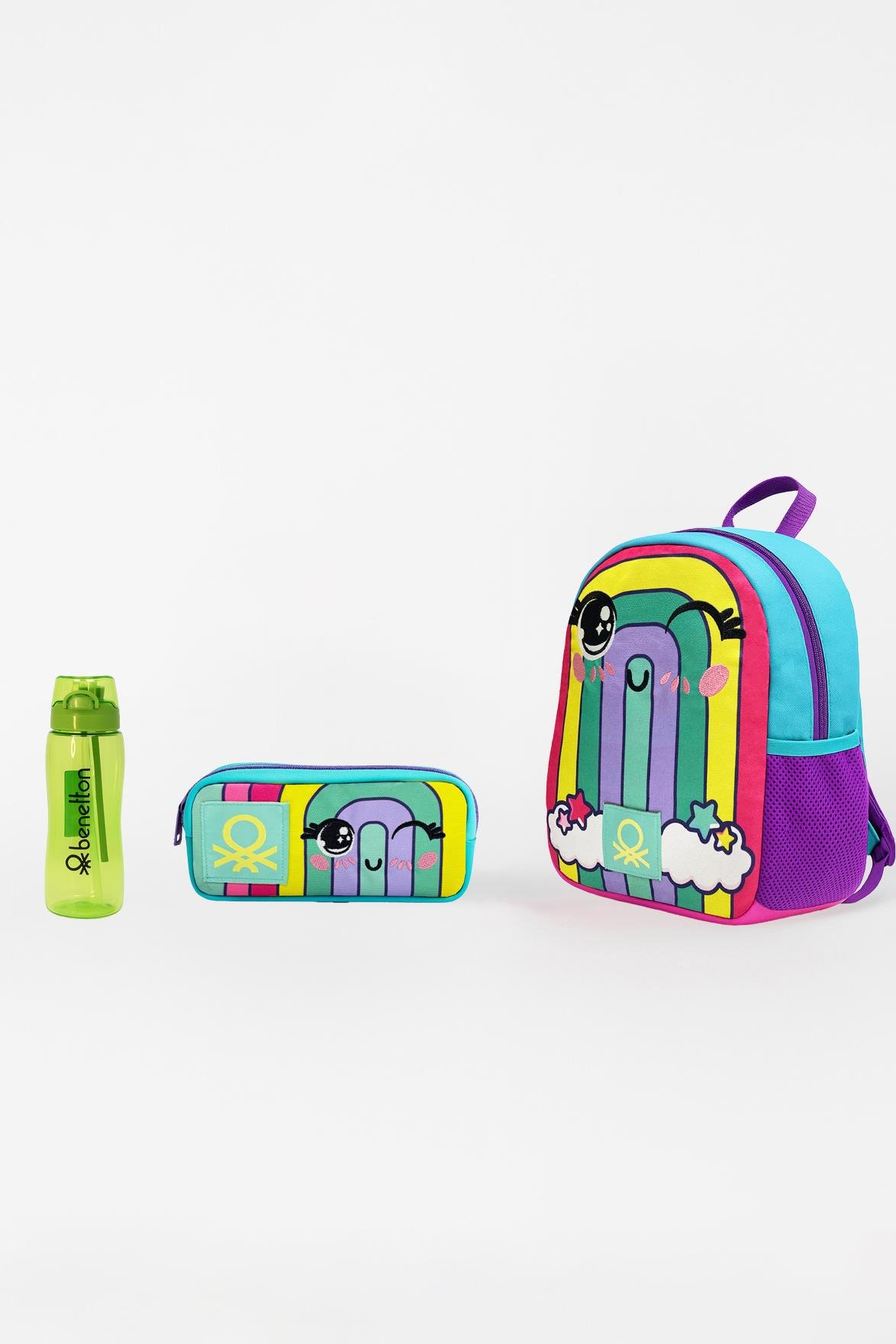 Gökkuşağı Desenli Üçlü Anaokul Çantası Seti(Anaokul Sırt Çantası, Çift Gözlü Kalem Kutusu, Matara)