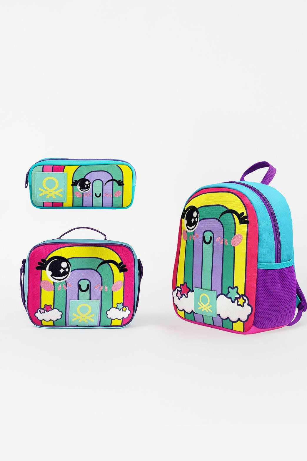 Gökkuşağı Desenli Üçlü Anaokul Çantası Seti(tek Gözlü Sırt Çantası,çift Gözlü Kalem Kutusu,beslenme