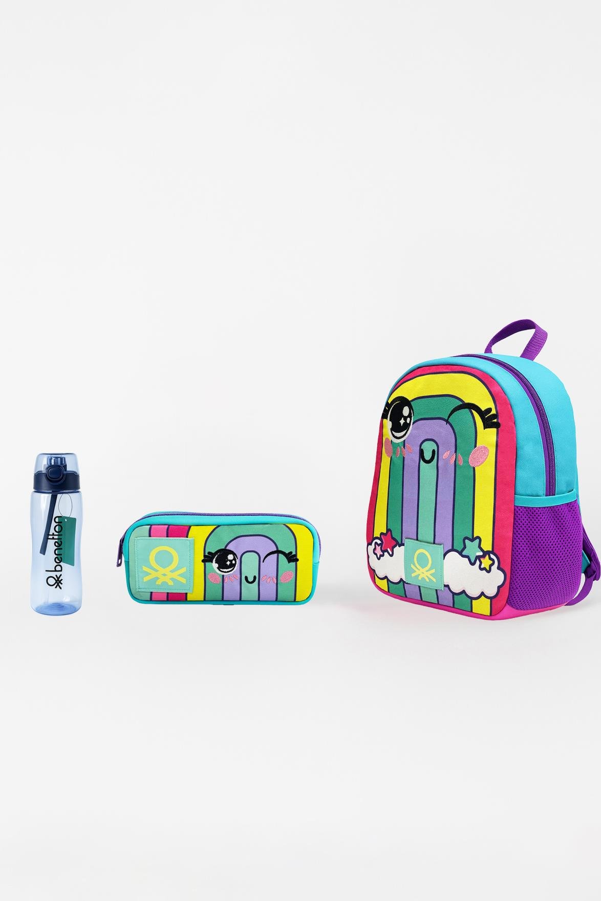 Gökkuşağı Desenli Üçlü Anaokul Çantası Seti(Anaokul Sırt Çantası, Çift Gözlü Kalem Kutusu, Matara Mavi)