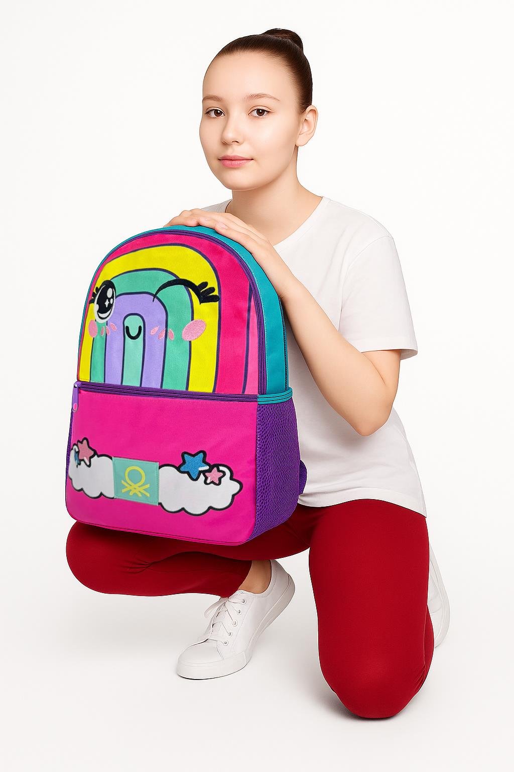 Gökkuşağı Desenli Üçlü İlkokul Çantası Seti(İlkokul Sırt Çantası, Çift Gözlü Kalem Kutusu, Matara Yeşil)