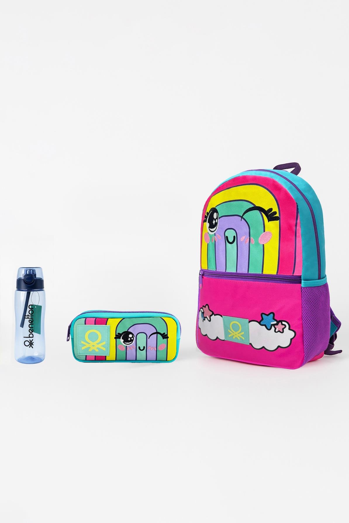 Gökkuşağı Desenli Üçlü İlkokul Çantası Seti(İlkokul Sırt Çantası, Çift Gözlü Kalem Kutusu, Matara Mavi)