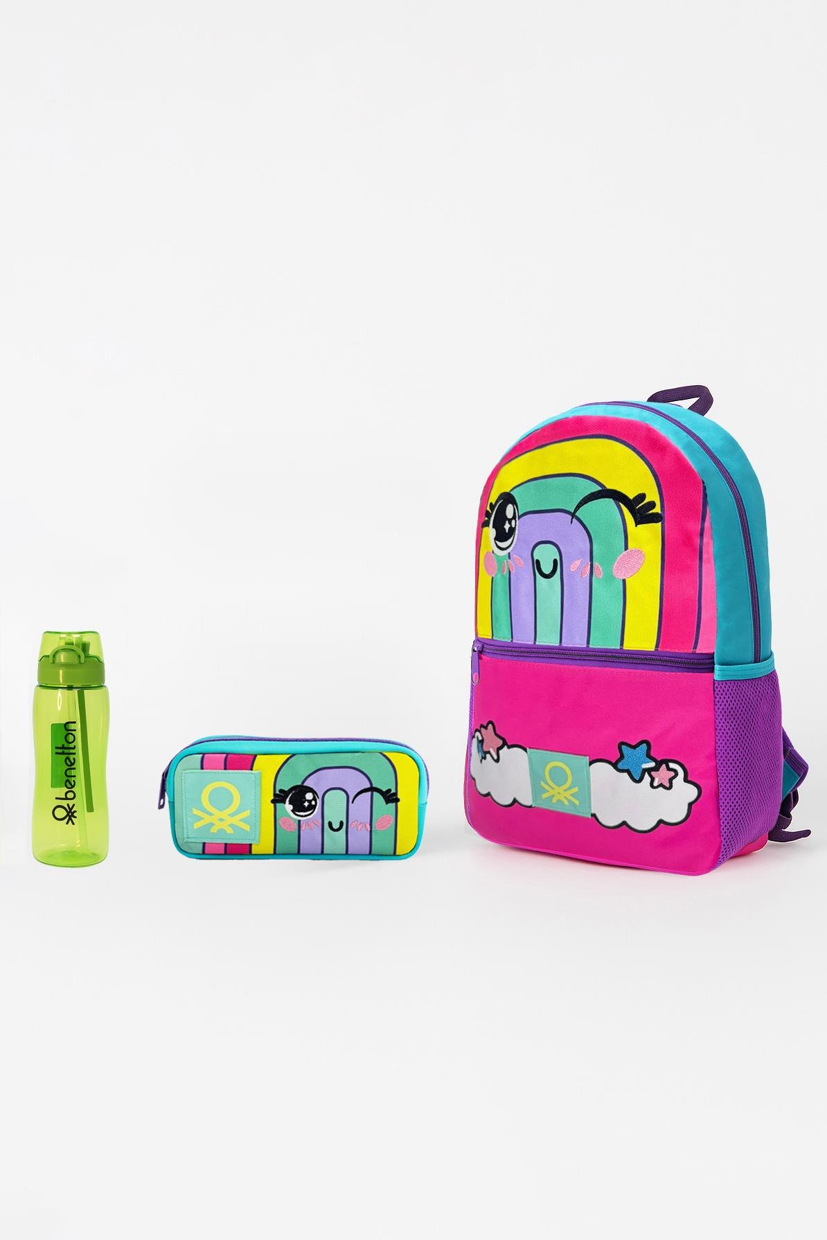Gökkuşağı Desenli Üçlü İlkokul Çantası Seti(İlkokul Sırt Çantası, Çift Gözlü Kalem Kutusu, Matara Yeşil)