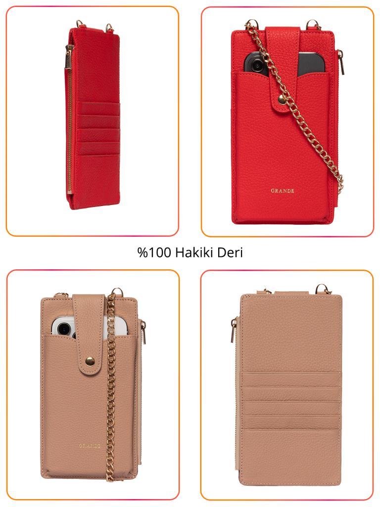 Grande Hakiki Deri Kadın Telefon Çantası Vizon 2797