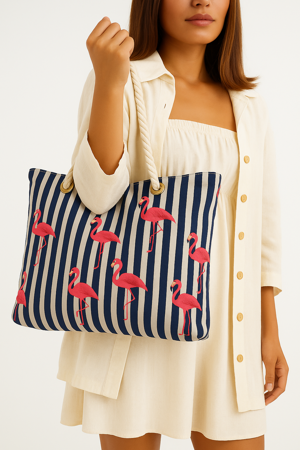 Kadın Plaj Çantası Flamingo Desen Lacivert 1102