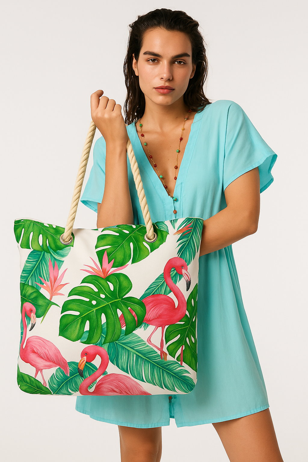 Kadın Plaj Çantası Flamingo Desen Yeşil 1102