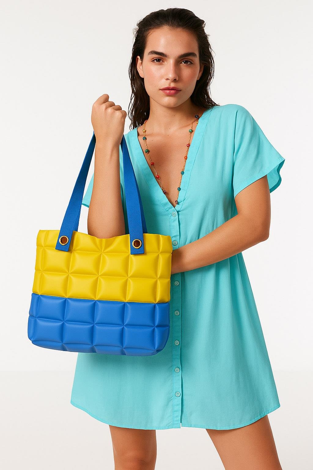 Kadın Plaj Çantası Sarı Lacivert Şişme Omuz Çanta Plj02