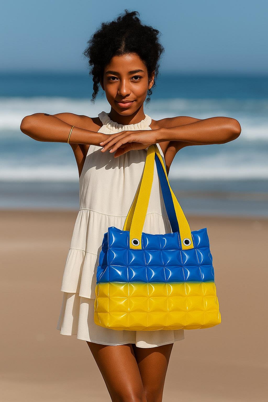 Kadın Plaj Çantası Sarı Mavi Şişme Omuz Çanta Plj03
