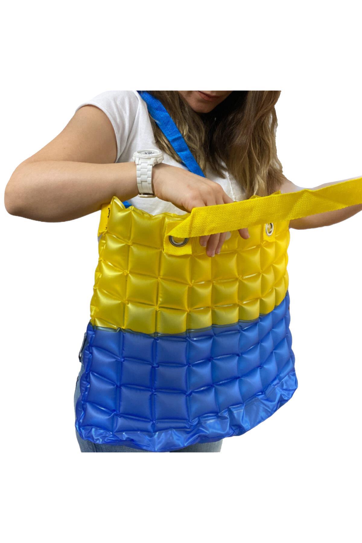 Kadın Plaj Çantası Sarı Mavi Şişme Omuz Çanta Plj06