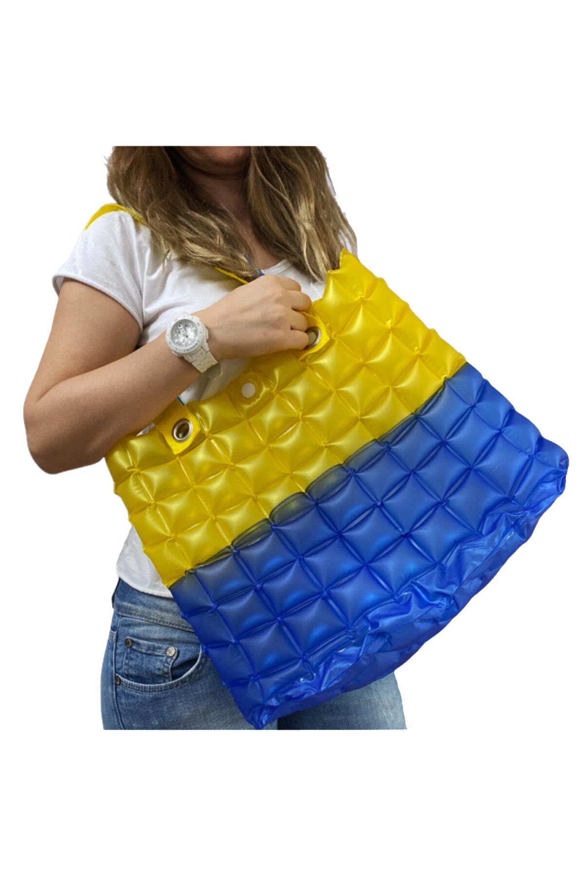 Kadın Plaj Çantası Sarı Mavi Şişme Omuz Çanta Plj06