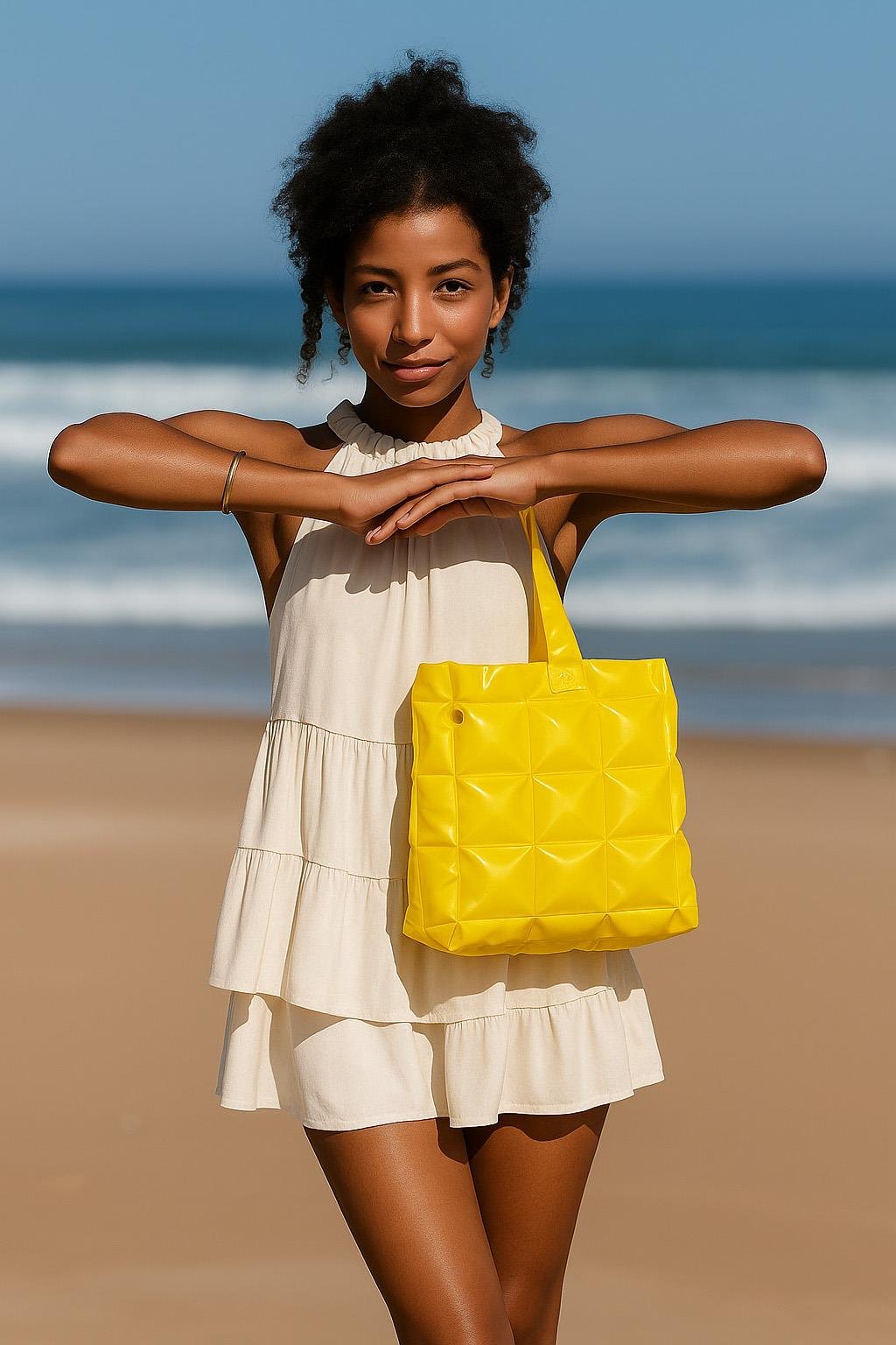 Kadın Plaj Çantası Sarı Şişme Omuz Çanta Plj01