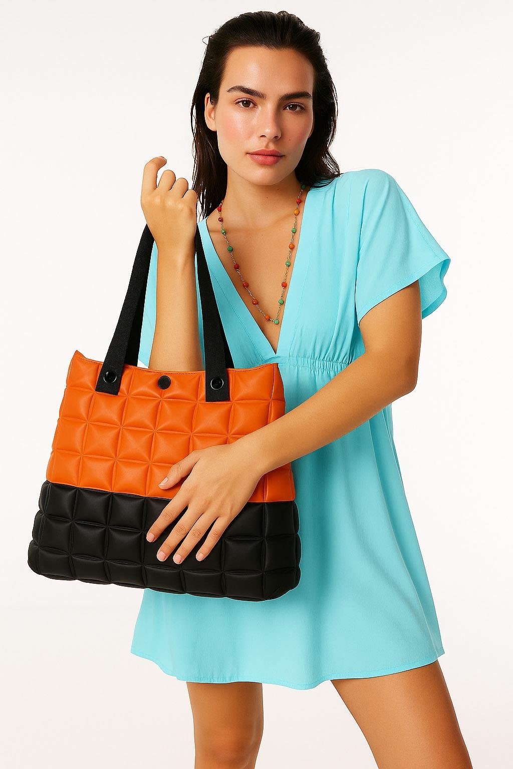 Kadın Plaj Çantası Turuncu Siyah Şişme Omuz Çanta Plj06