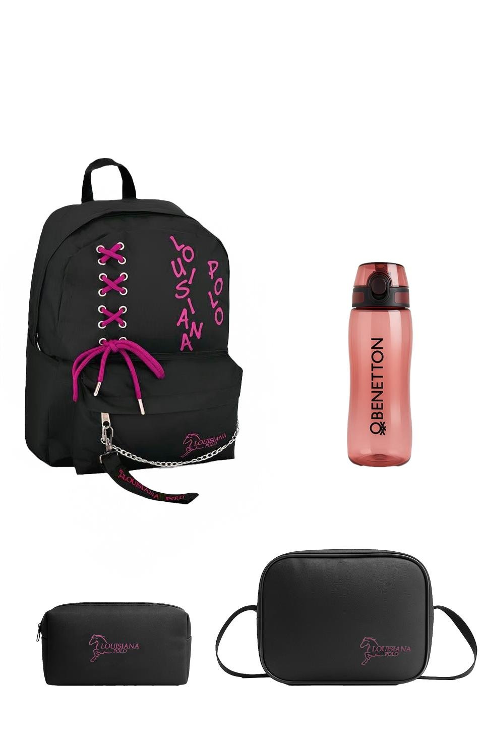 Louisiana Polo Okul Seti – Çanta + Termal Beslenme + Kalemlik +Kırmızı Matara Pembe 1141