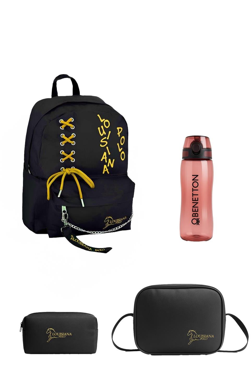 Louisiana Polo Okul Seti – Çanta + Termal Beslenme + Kalemlik + Kırmızı Matara Sarı 1141