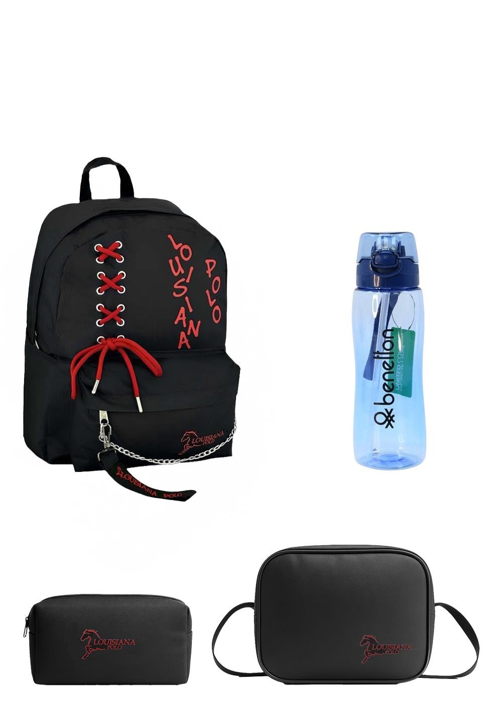 Louisiana Polo Okul Seti – Çanta + Termal Beslenme + Kalemlik + Mavi Matara Kırmızı 1141