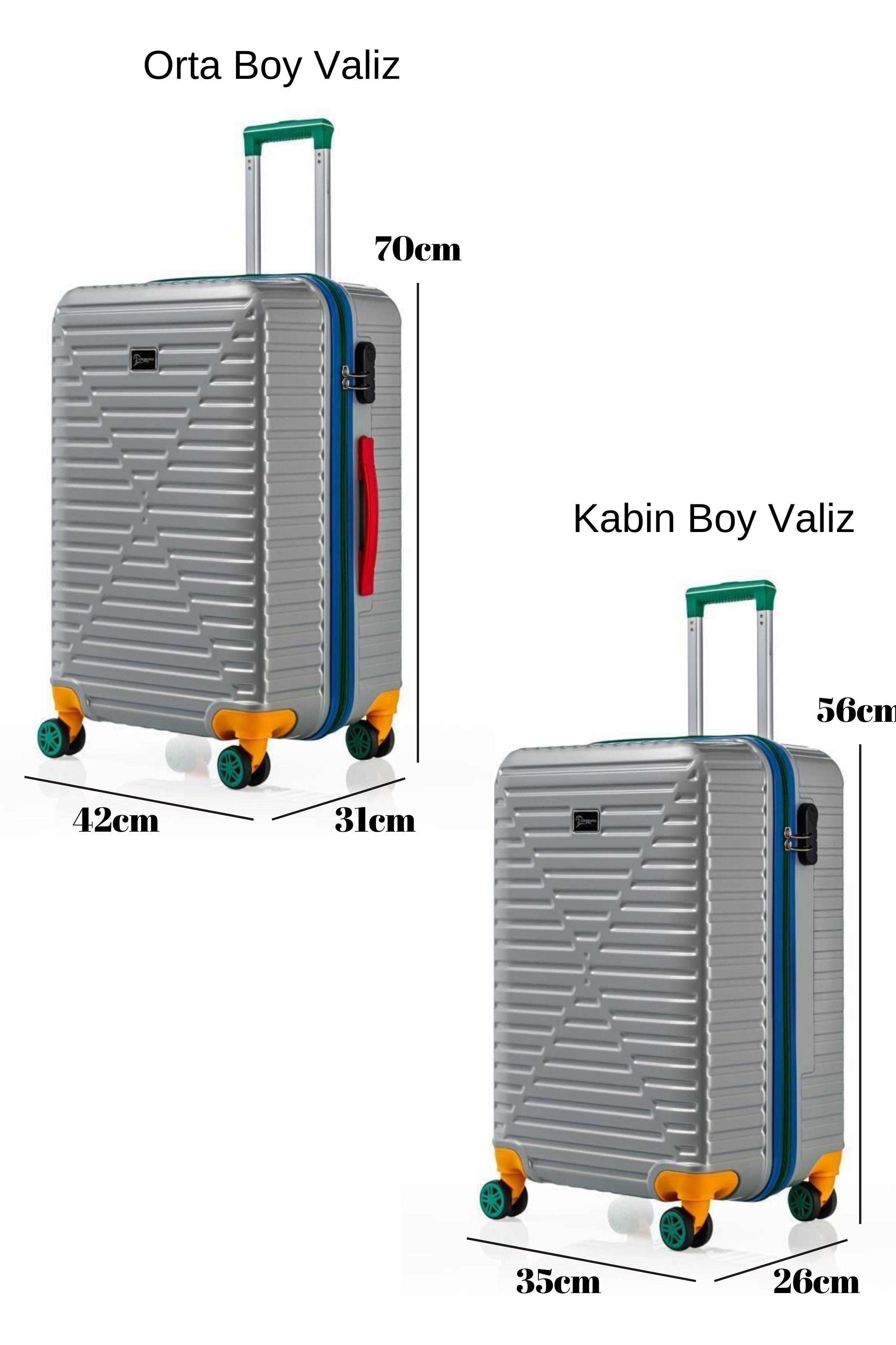 Orta Ve Kabin Boy 2'li Valiz Seti %100 Polikarbon Valiz 4x2 Teker Gri 1088