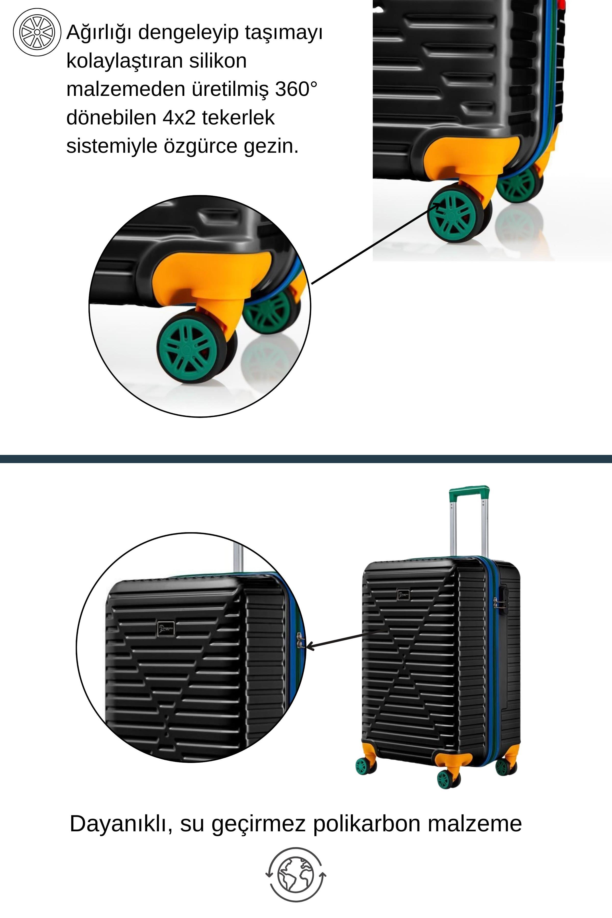 Orta Ve Kabin Boy 2'li Valiz Seti %100 Polikarbon Valiz 4x2 Teker Siyah 1088