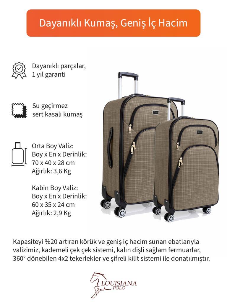 Orta ve Kabin Boy Valiz Seti 4 Teker Kumaş Valiz Bej 1081
