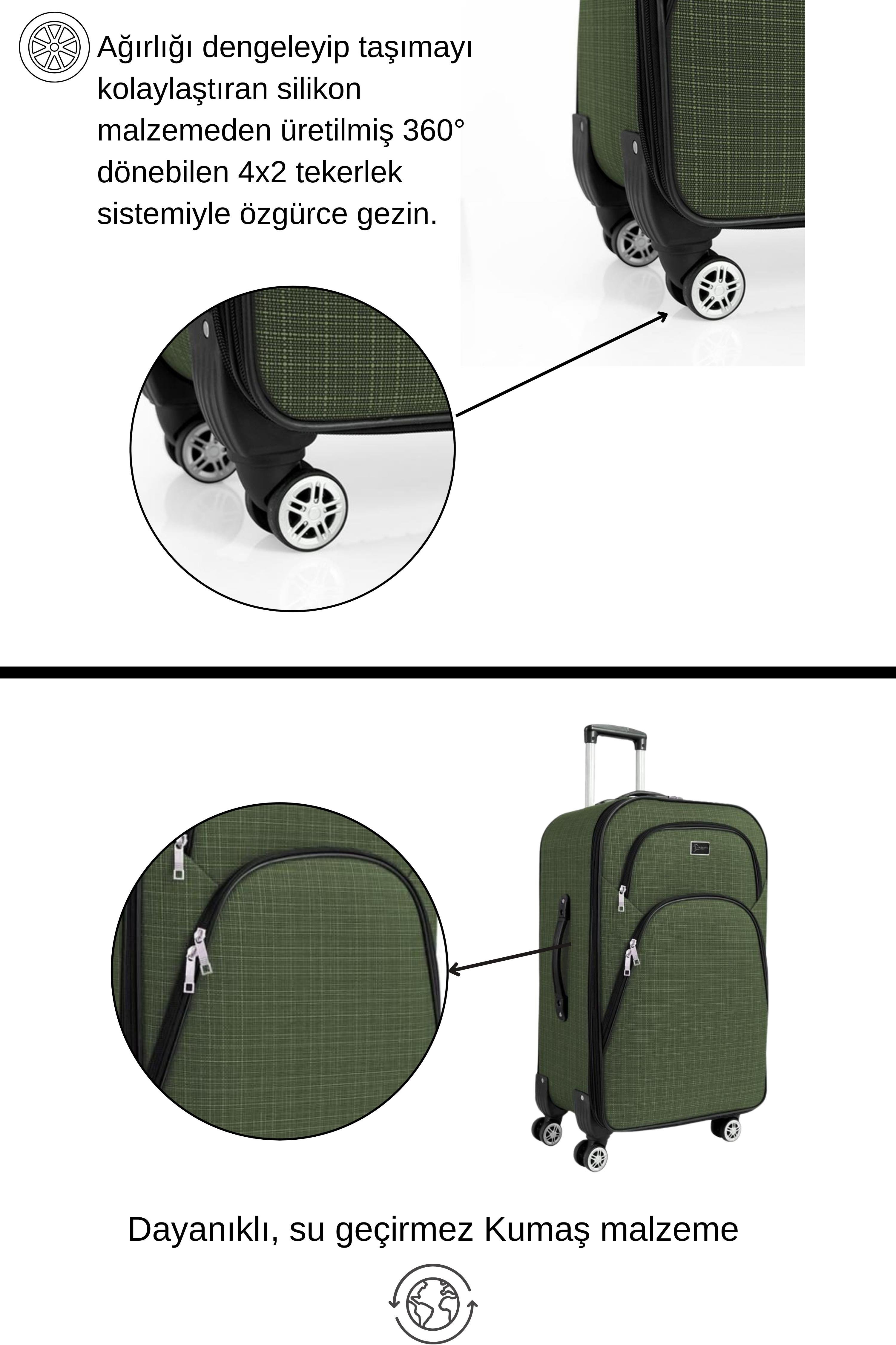 Orta ve Kabin Boy Valiz Seti 4 Teker Kumaş Valiz Haki 1081