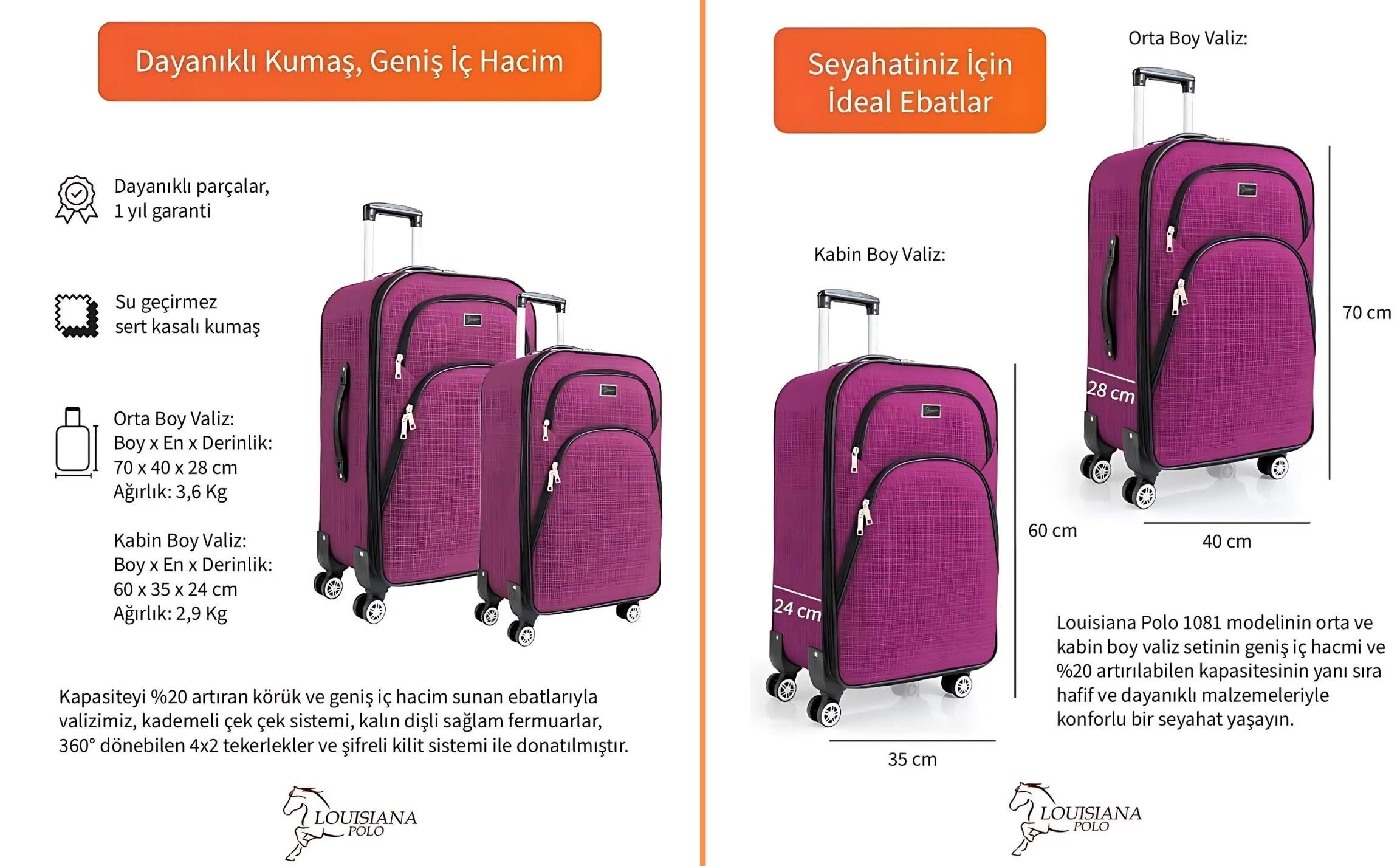 Orta ve Kabin Boy Valiz Seti 4 Teker Kumaş Valiz Pembe 1081