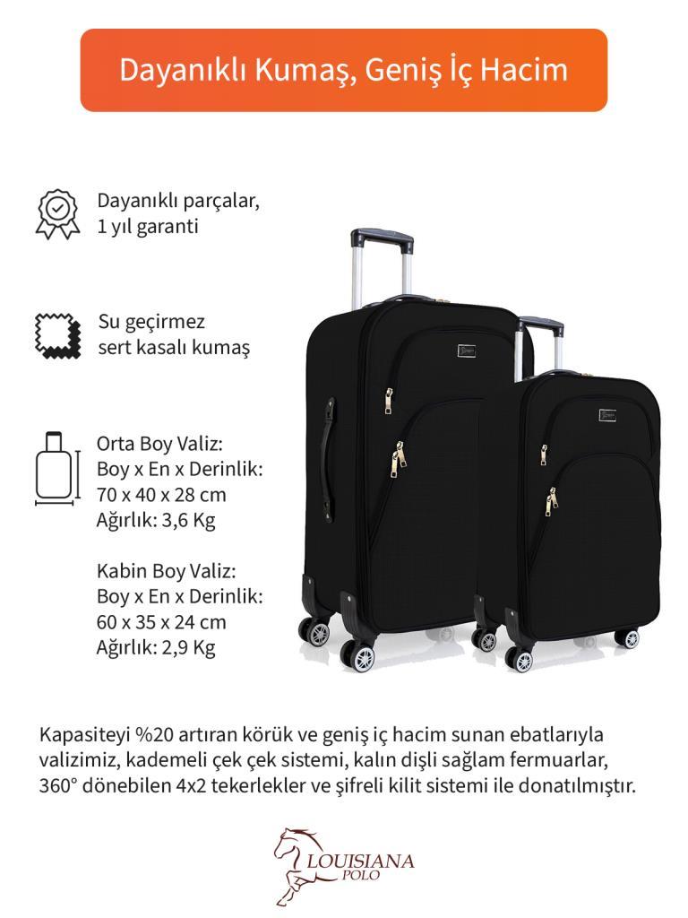 Orta ve Kabin Boy Valiz Seti 4 Teker Kumaş Valiz Siyah 1081